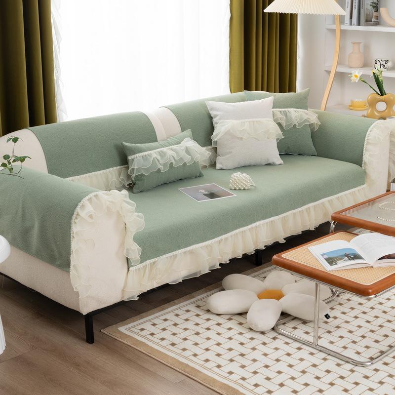 Pearl Lace Girly Style Four Seasons Chenille Sofa Cushion Anti-Cat Scratch Solid Color Anti-Slip Sofa Cushion Cover