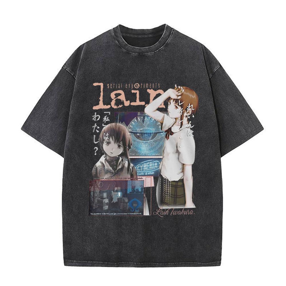Japanese Anime Serial Experiments Lain Vintage Washed T Shirt Manga Iwakura Girl Sci Fi T-shirts Men 100% Cotton Casual T Shirt