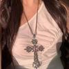 Y2K Gothic Style Black Beaded Cross Necklace & Cool Girl Sweatshirt Accessory