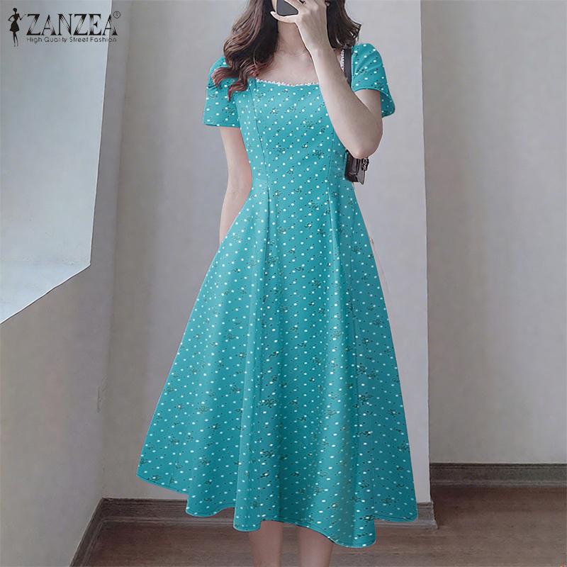 ZANZEA Women Lace Splice Square Neck Casual Short Sleeve Print Dress