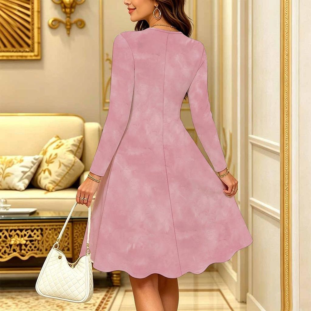 Women Long Sleeve Round Neck Midi Dress Abstract Geometric Diamond Floral Print Flared Casual Dress