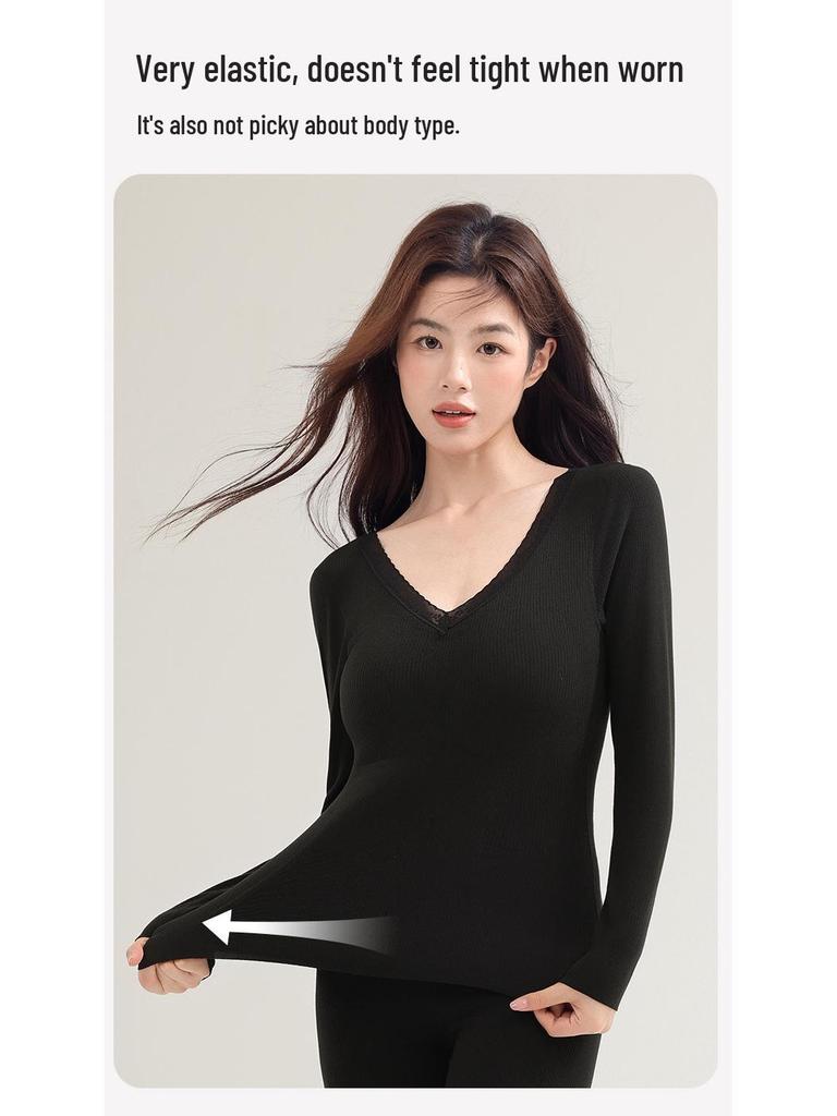 Women’s Cashmere Silk Slimming Underwear Set with Built-In Bra: Warm Cotton-Wool Long Sleeve Top & Bottoms for Autumn/Winter