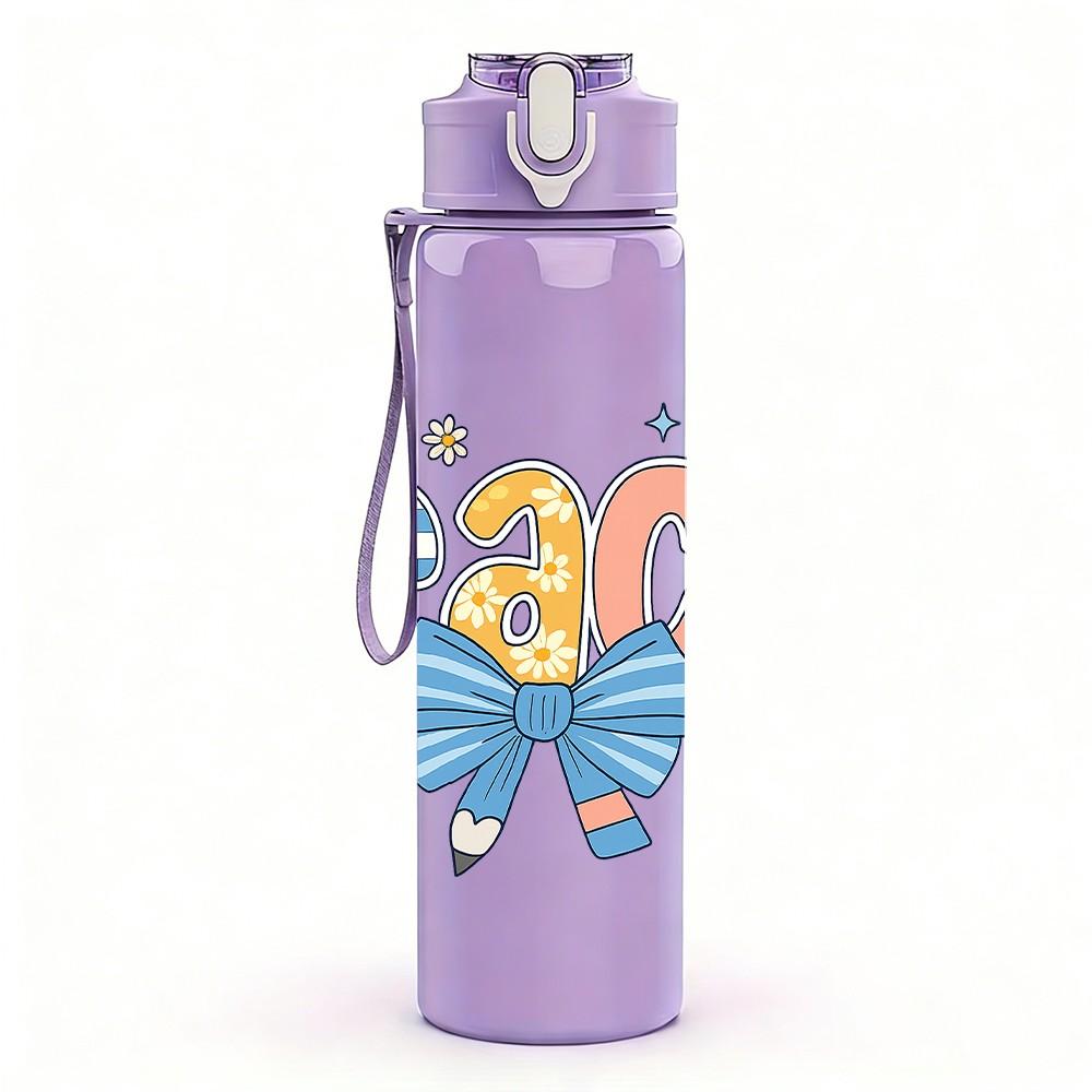1PC Teach Bow Letter Design 750ml Color Plastic Sports Water Bottle Leakproof Flip Straw Lid Suitable for Sports Office Home Use