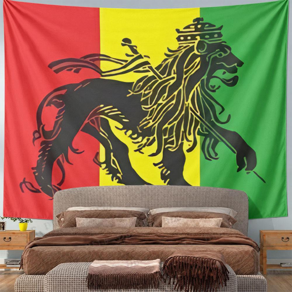 A crowned lion holding a staff on a red, yellow, and green striped background. Patterned tapestry for bedroom and living room home decor