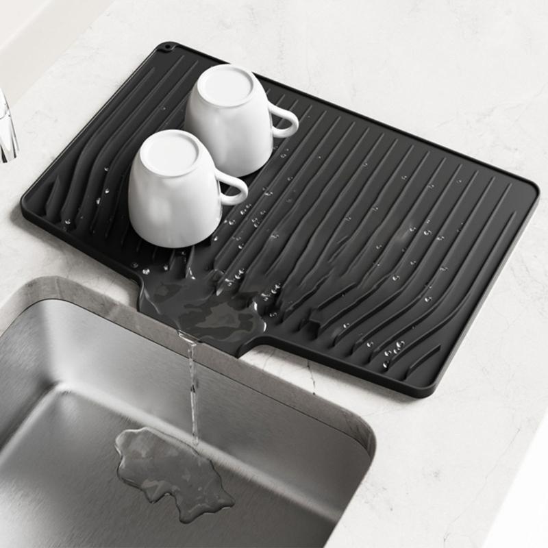 Sloped Silicone Counter Mats For Dishes Utensils Heat Resistant Drying Pad With Built In Water Drainage