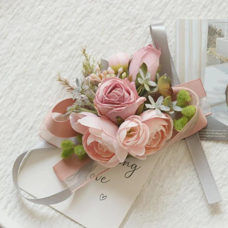 6pcs Pink Corsage Boutonniere Set for Bride Groom Bridesmaids Groomsmen Wedding Cerenony Homecoming Prom Suit Flowers