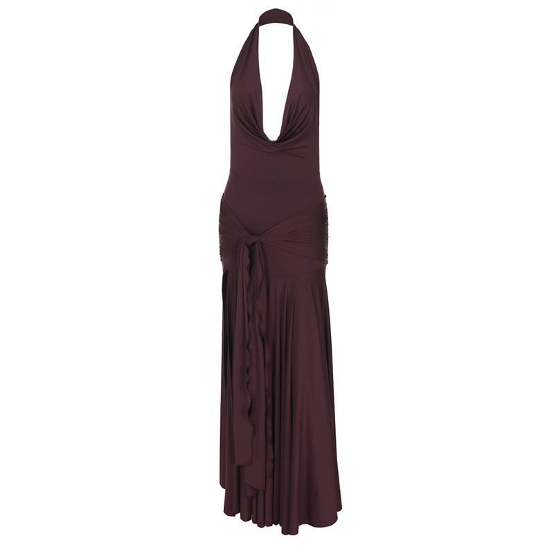 Sexy Halter Brown Long Dress Women Slim Backless Pleat Knot High Slit Draped Dresses Female 2025 Summer Lady Beach Party Dress