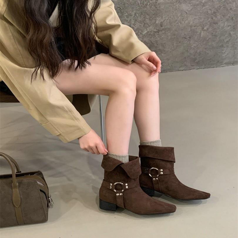 2025 autumn new French retro low heel square head two wear lapel western cowboy boots women's fashion belt buckle