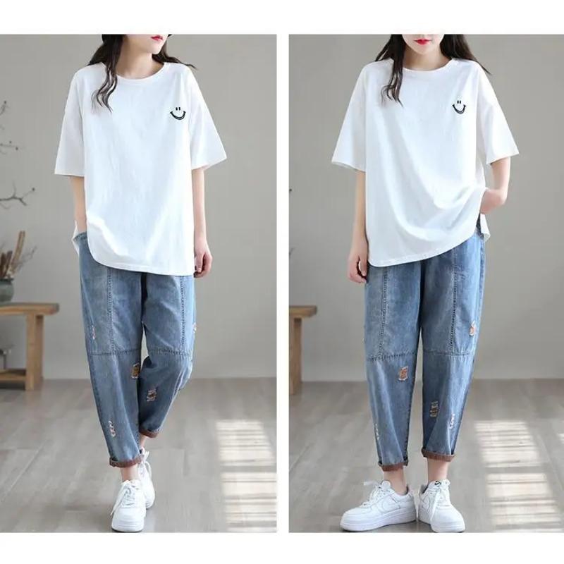 Nine Point Ripped Jeans Women Summer Loose Thin Elastic Waist Casual Harem Pants Denim Ankle Length Pant