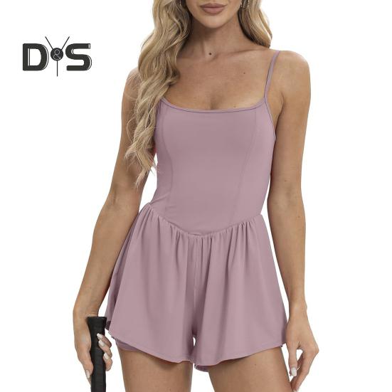 Women's Sleeveless Tennis Dress Summer Pleated Yoga Workout Mini Dresses with Built-in Shorts Spaghetti Strap Athletic Romper Short Sundress