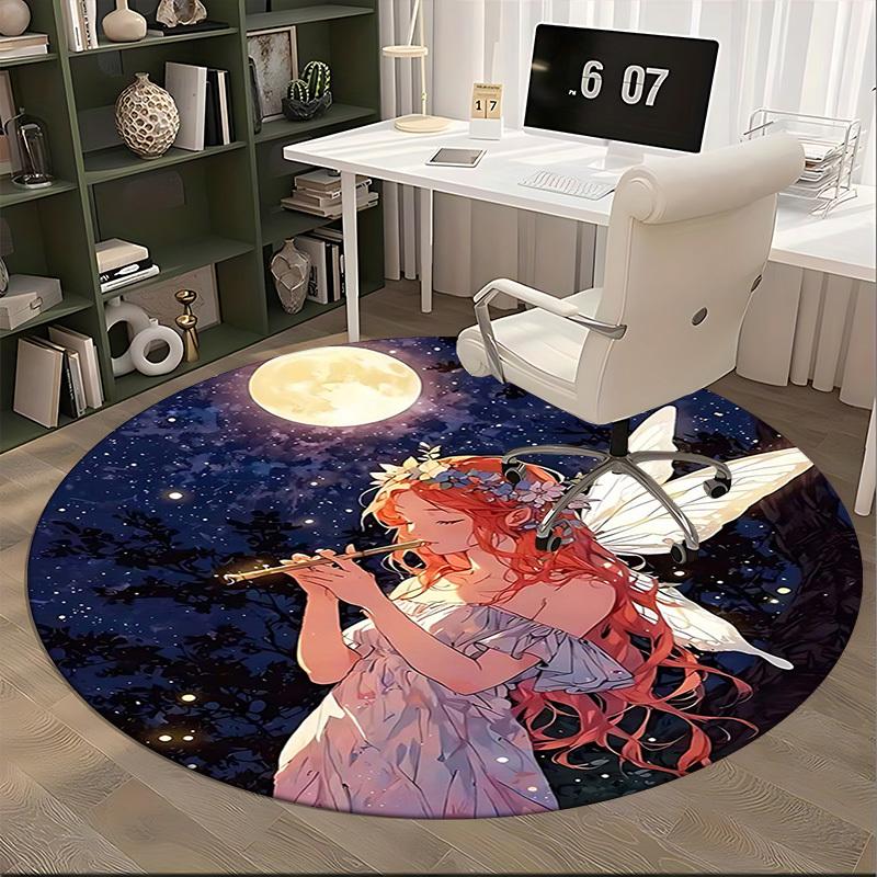 1pc Anime Fairy Moonlit Night Round Carpet Office Chair Mat, Non Slip Rug for Home Decor, Gift, Office, Living Room, Bedroom