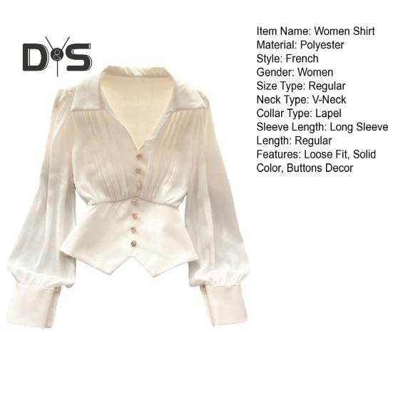 Women French Style Shirt Lapel V Neck Puff Long Sleeve Shirt Buttons Decor Irregular Hem Solid Color Tops