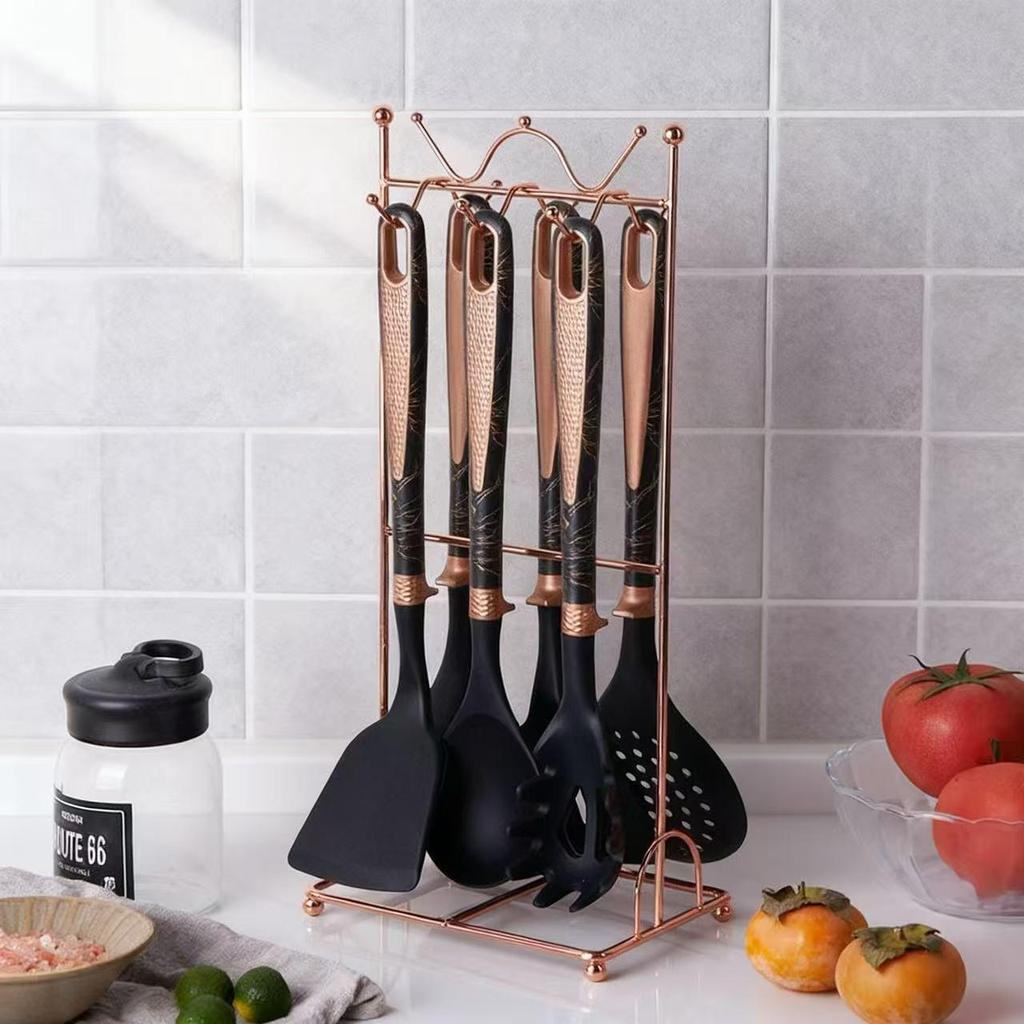 Silicone 7-Piece Kitchen Utensil Set with Storage Rack: Heat-Resistant, Non-Stick Spatula, Slotted Spoon, Ladle.