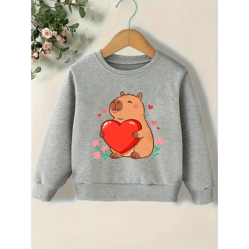 Kids Crewneck Pullover Sweatshirt, Cartoon Capybara Holding Heart Graphic Print