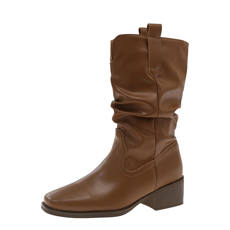 2025 autumn and winter new fashion versatile retro trouser boots versatile niche design thick heel square head medium boots