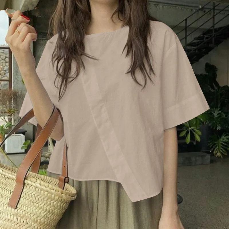 Women Oversize Bluse Summer Chic Irregular Short Sleeve Shirts Korean Fashion Round Neck Harajuku Tops Casual Loose Tunic