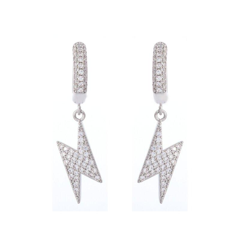 Trend Hip Hop Ice Out Cubic Zirconia Huggie Earrings Lightning Pendant Men Women Silver Color Anti-Allergy Earrings Cool Jewelry