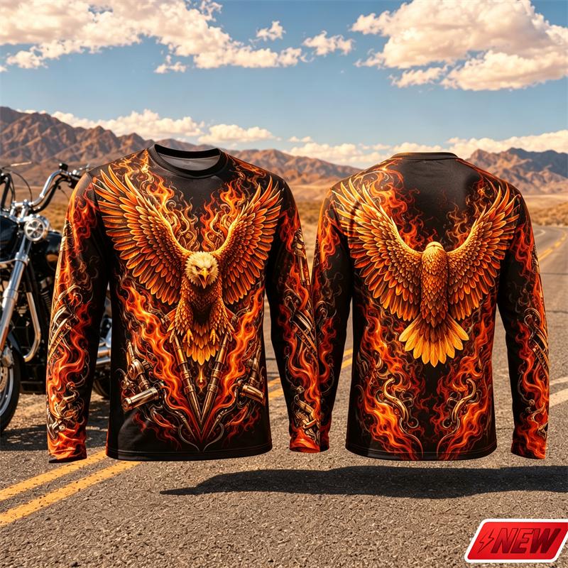 Retro Biker Style Men Long Sleeve T Shirt Eagle Fire Colorful 3D Print Gradient Pattern Tee For Biker Party Casual Street Top