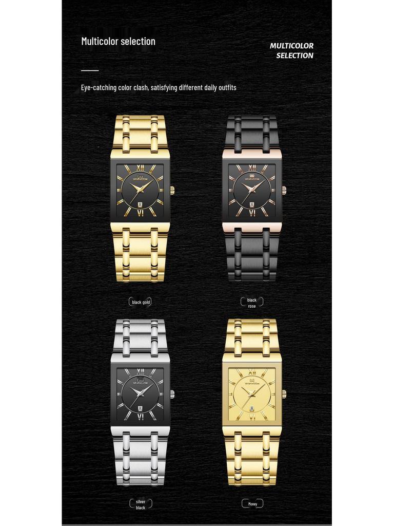 Men's Black Gold Quartz Waterproof Wristwatch with Steel Band