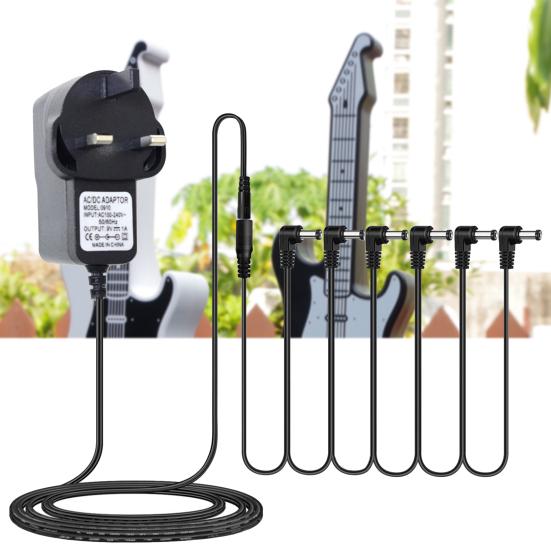 Effects Power Adapter Solid Universal 9V DC 1A (1000mA) Guitar Pedal Power Supply Adapter with 6-in-1 Topology Cable for Musical Instrument