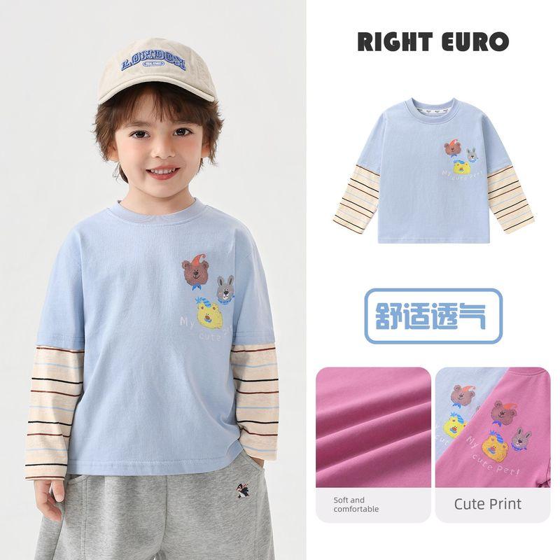 Right European Style Boys' Cartoon Fake Two-Piece Long-Sleeve T-Shirt Children's Spring Top 2026 New Children's Clothing Baby Base Shirt