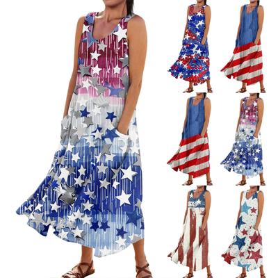 Women's Casual Comfortable Independence Day Print Sleeveless Cotton Pocket Dress