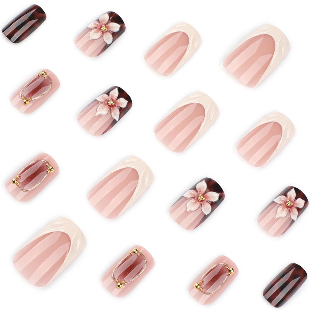 3D Stereo Flower Nail Art Tips - Medium-Short Square False Nails
