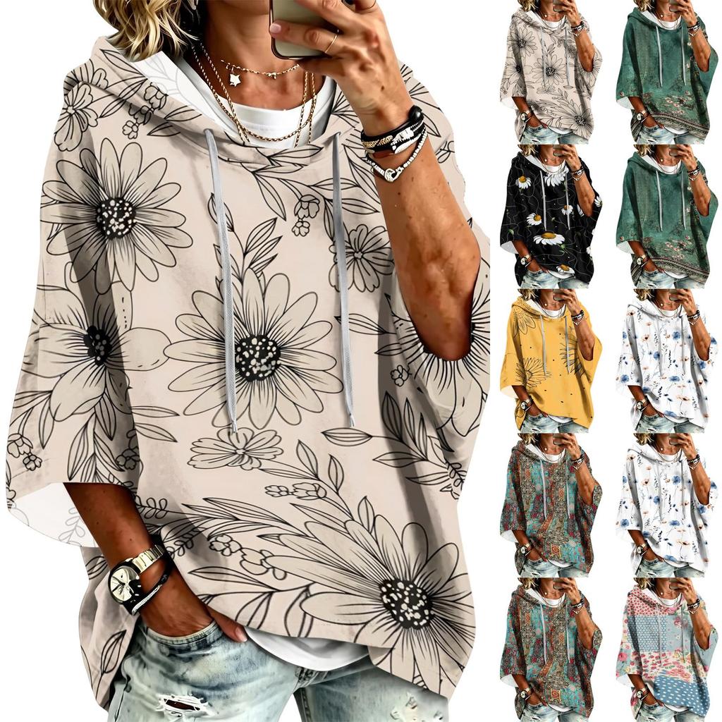 Women's Vintage Floral Print Hooded Pullover Top with Three-Quarter Sleeves for Casual Daily Wear
