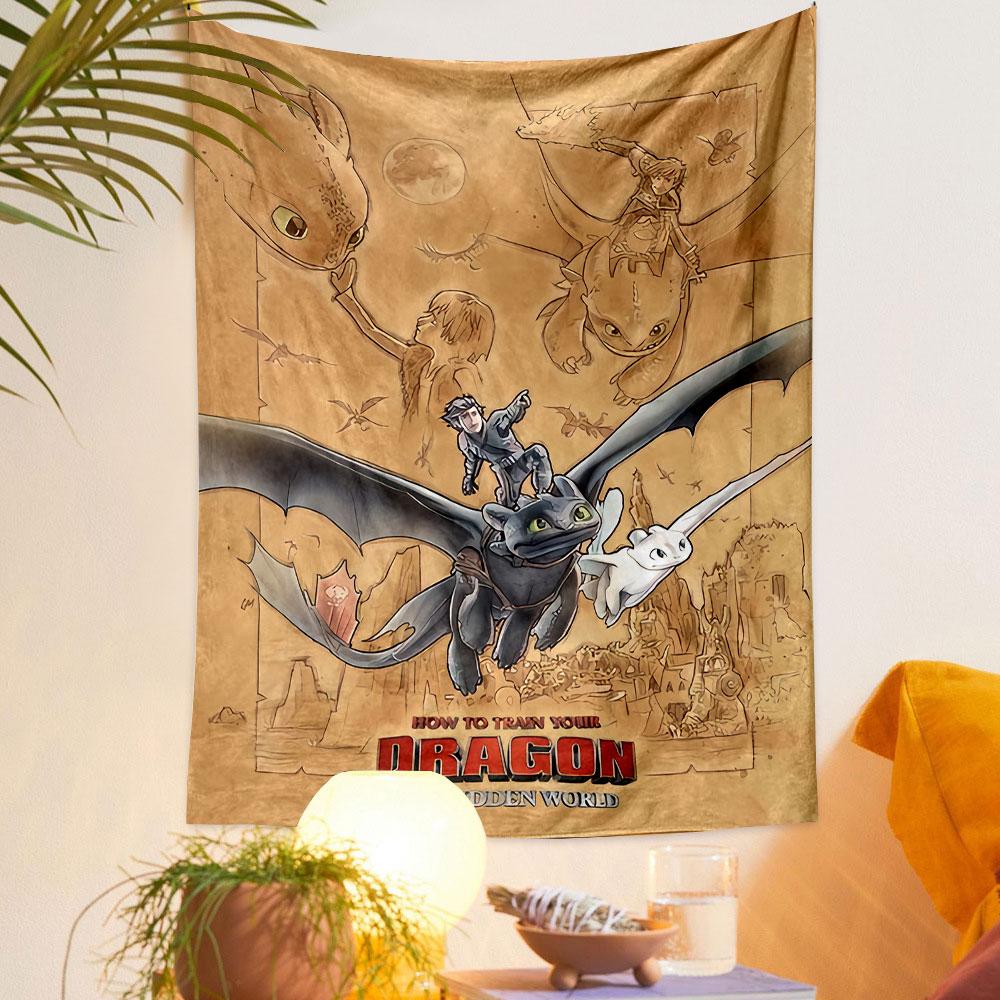 How to Train Your Dragon Hidden World Poster Tapestry Wall Hanging, Dragon Family Flight Art, Fantasy Wall Decor for Bedroom