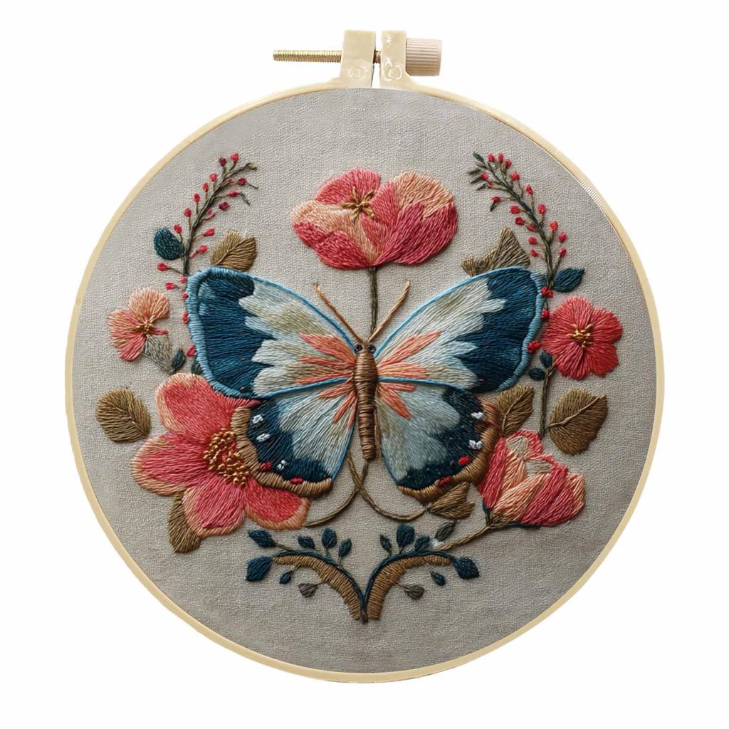 1 set Artistic Butterfly Flower DIY Embroidery Kit, Embroidery Fabric Material Set, Includes tools and stitch tutorials suitable for beginners
