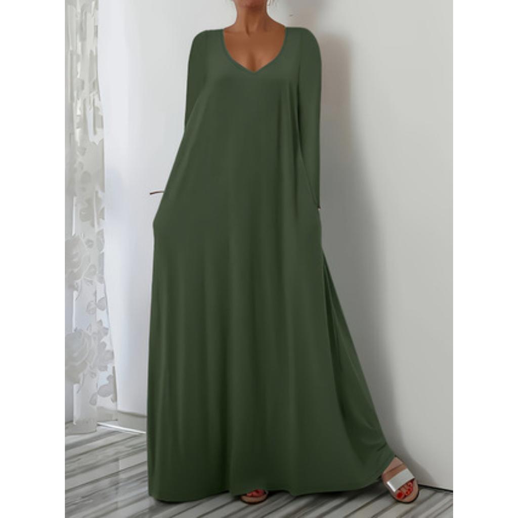 Women's V Neck Short Sleeve Maxi Dress Loose Fit Casual Solid Summer Beach Gown