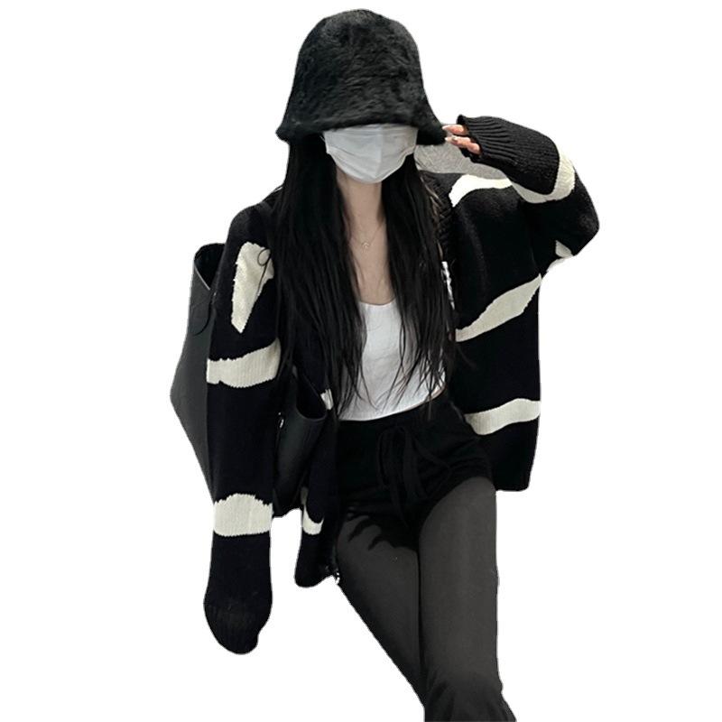 Pulover de damă de toamnă și iarnă, cu dungi care se confruntă, cardigan tricotat cu decolteu în V, în stil colegiu, cu mânecă lungă