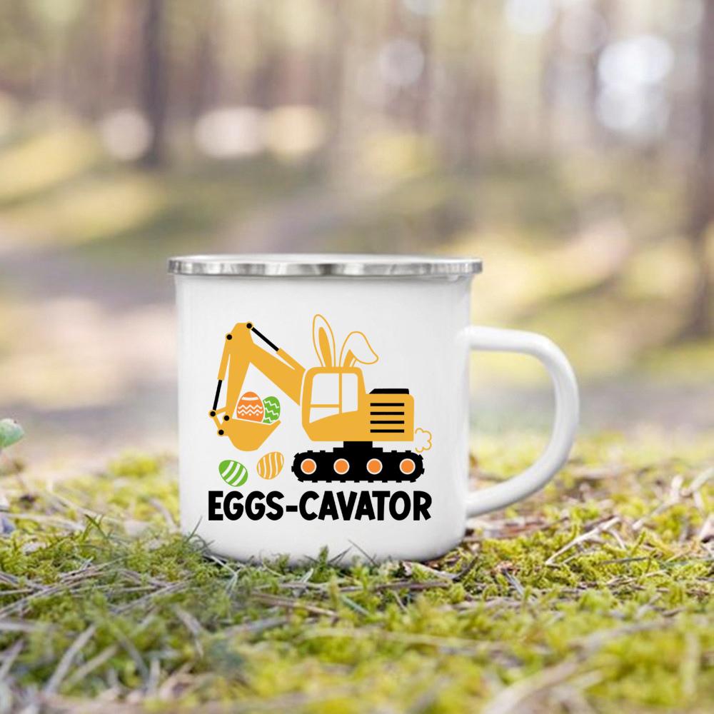 Cute Bunny Egg Print Cups Happy Easter Enamel Mugs Fall Easter Party Wine Juice Mug Dessert Cocoa Milk Handle Cup Gift for Child