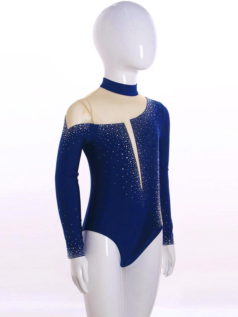 Dívčí třpytivé kamínky gymnastický dres dlouhý rukáv klíčová dírka na zádech průsvitná síťovina patchwork body pro krasobruslařskou soutěž