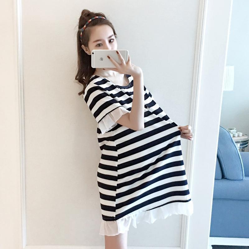 Maternity A-Line Striped Summer Dress: Loose, Short-Sleeved, Mid-Length, Plus Size