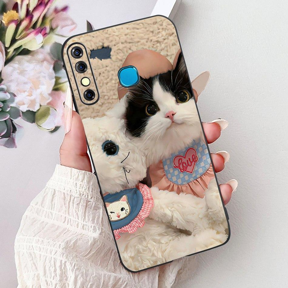 For Infinix Hot 8 Phone Case Hot 8 Lite Hot8 X650 X650C X650B X650D Elegant Floral Cat Pattern Black Silicone Soft TPU Cases