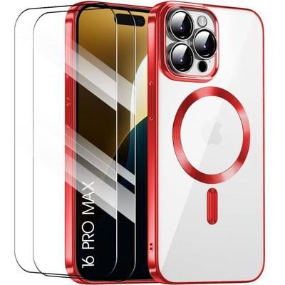 Protective Case - BOOLING - for iPhone 16 Pro Max - Red Silicone - Slim - 2 Tempered Glasses