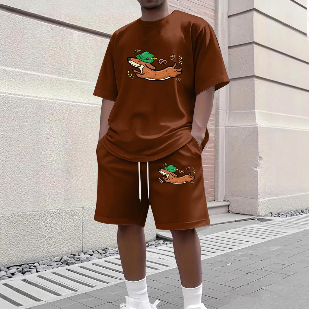 Herren Lässiges Zweiteiliges Set Kurzarm Rundhalsausschnitt Oberteil und Shorts mit Kordelzug und Grafikdruck Bequeme Passform