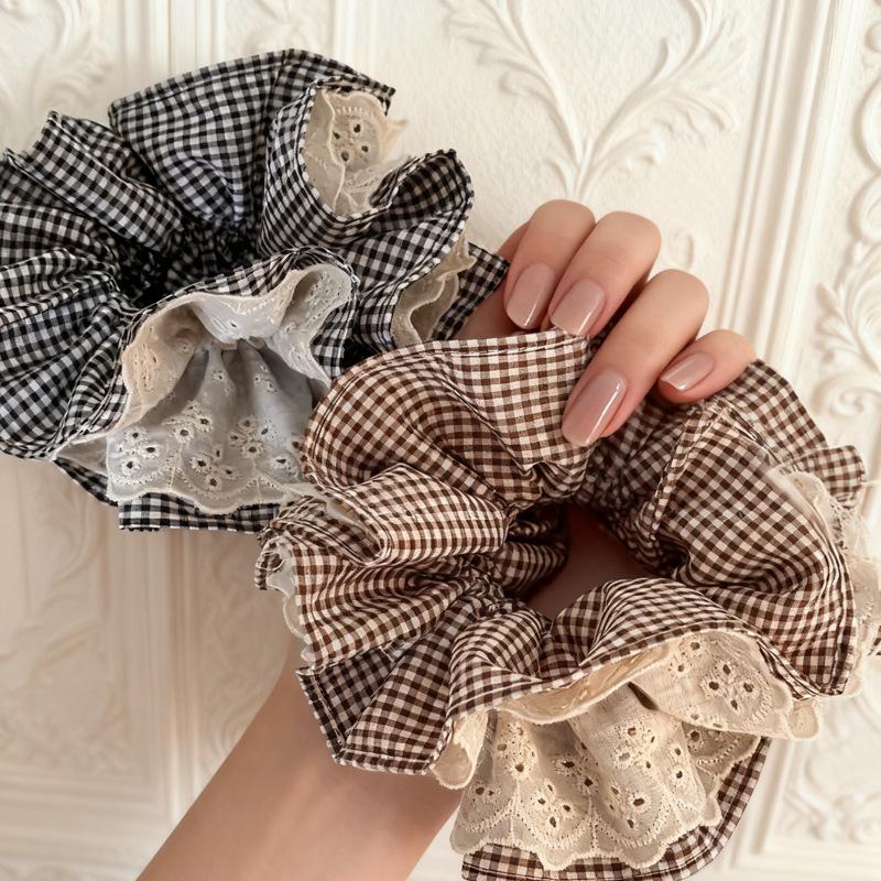 High-End Korean Plaid Lace Scrunchie for Women - Oversized Hair Tie & Bun Accessory