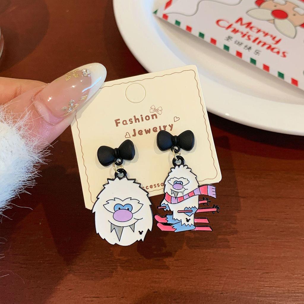 Silver Needle Snowman Santa Bow Stud Earrings - Festive Cartoon Design for Women