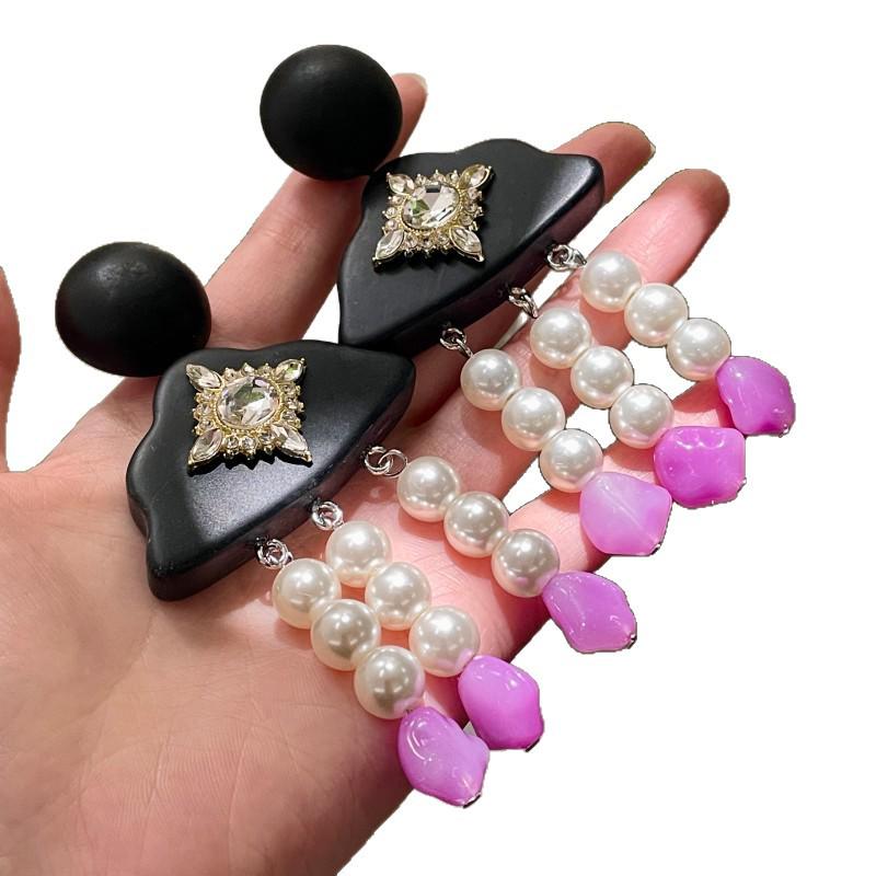 Elegant Amethyst Pearl Black Wood Tassel Earrings for Autumn & Winter