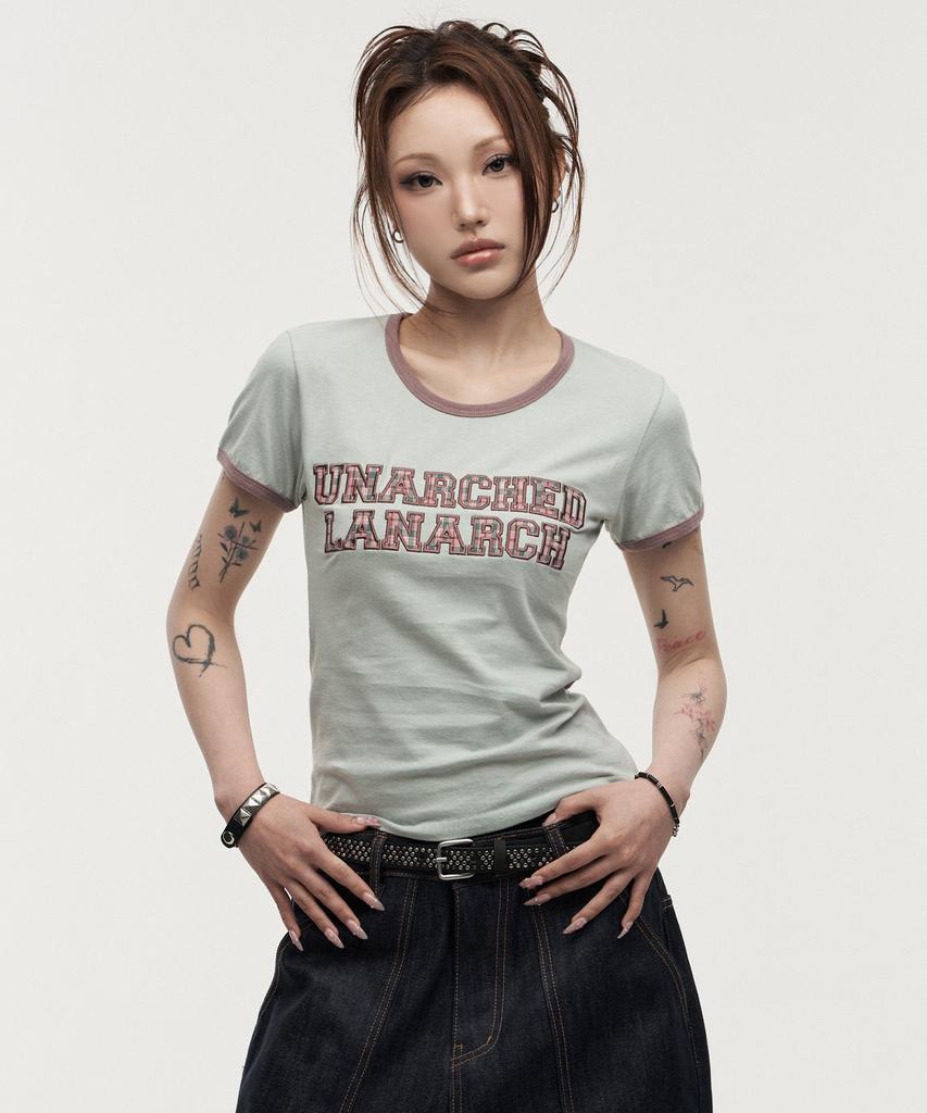 LANARCHIVE [0141] Lettering Applique Women'S Ringer T-Shirt - Dusty Mint