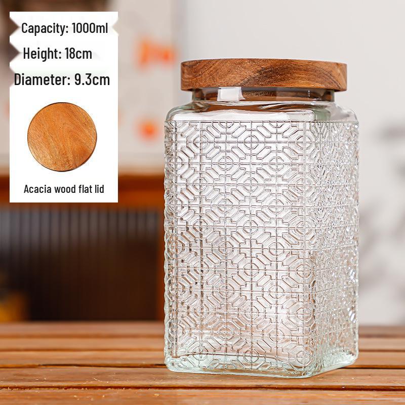 Retro Carved Storage Jar with Acacia Wood Lid for Grains, Dried Fruits, and Snacks
