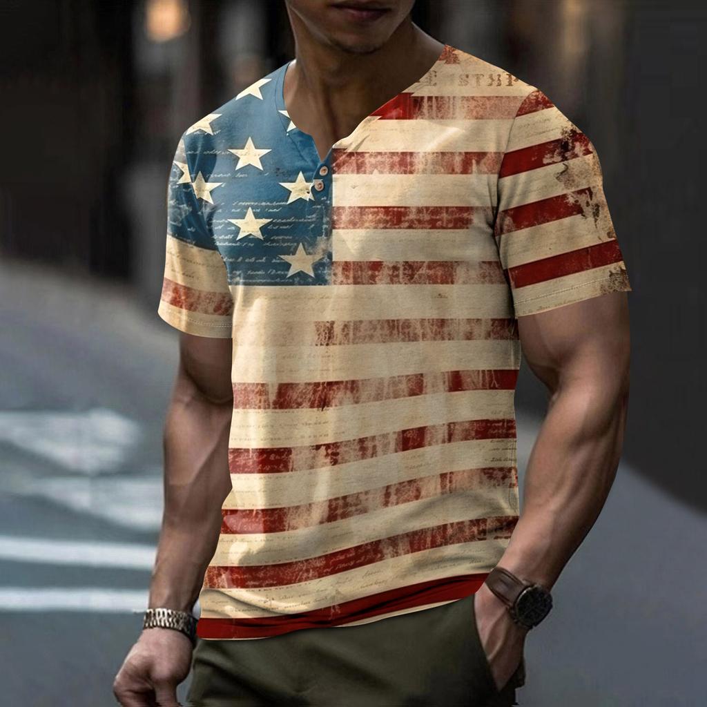 Men's Casual Summer V-neck Short Sleeved Top With Buttons, Independent Day Print Short Sleeved Top