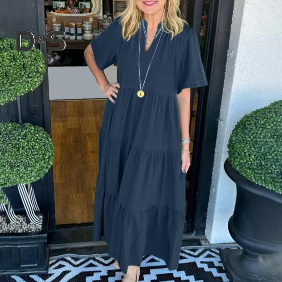 Women's V-Neck Midi Dress Summer Casual Short Sleeve Maxi Dress Flowy Tiered Boho Beach Sundress for Vacation