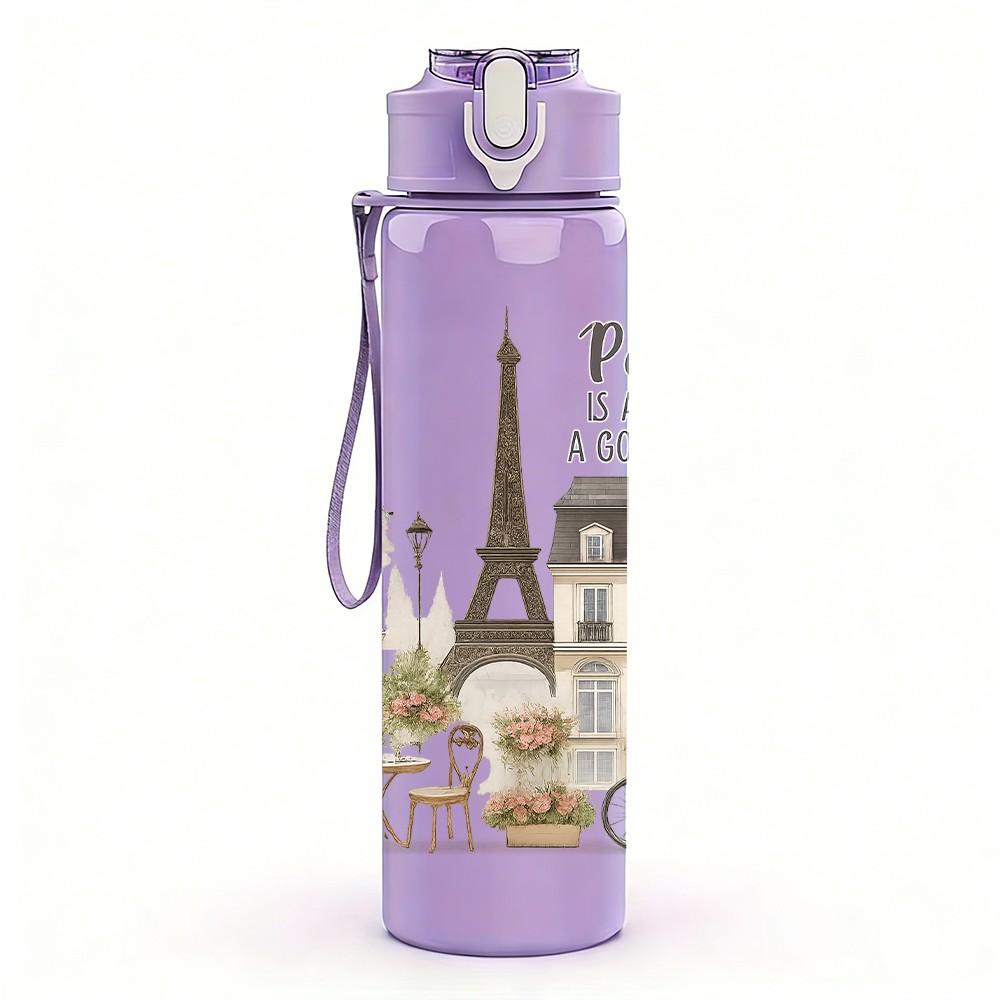 1PC Paris Street Building Landscape 750ml Color Plastic Sports Water Bottle Leakproof Flip Straw Lid For Sports Office Home Use