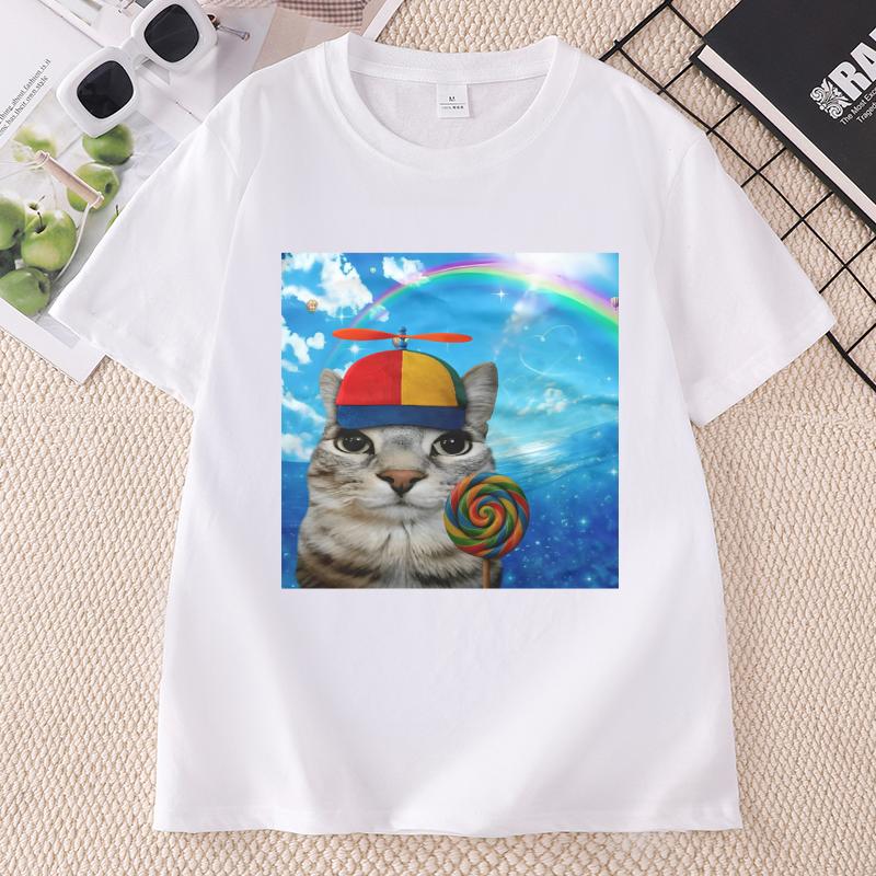 Happy Cat Dreamcore TShirt Funny Cats Brainrot Meme Tee Casual Kitten Tee Cat Lover Humor Tshirt Casual Round Neck Tees