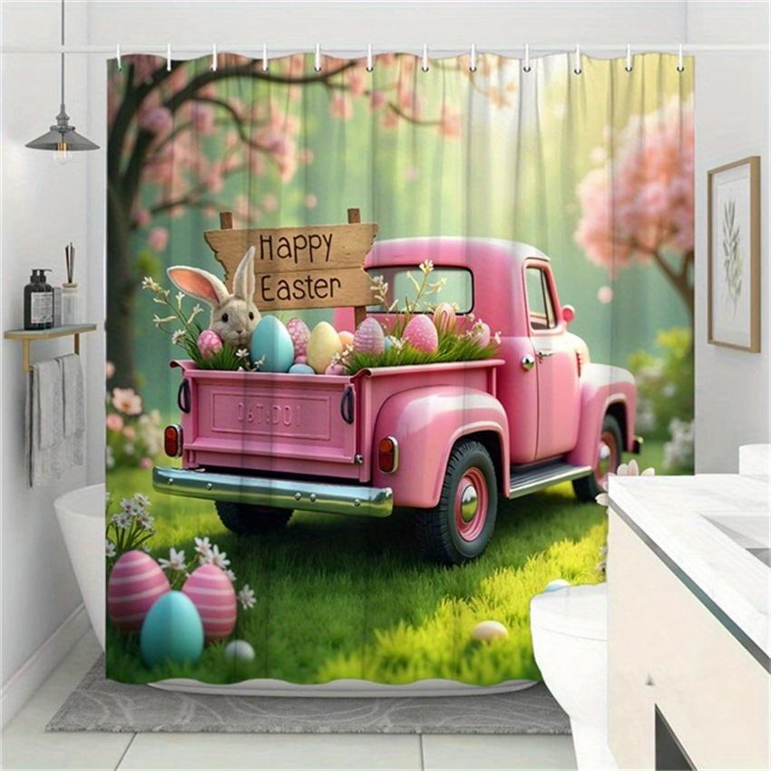 

1Pc Vintage Pink Pickup Easter Shower Curtain With Bunny & Pastel Eggs - Whimsical Spring Flowers Design, Durable Polyester, W60H190(CM)-1 Pcs
