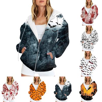 Women's Fashion Casual Halloween Printed Sweatshirt Autumn Winter Long Sleeve Cardigan With Pockets Zipper Hoodie Jacket