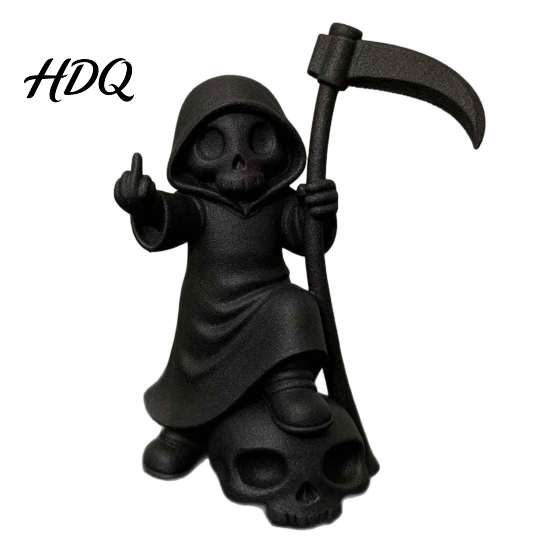 Niche PLA Model 3D Printed Cute Grim Reaper Figurine Skeleton Little Statue with Small Desktop Decoration Scythe & Skull Base Funny Gothic Halloween
